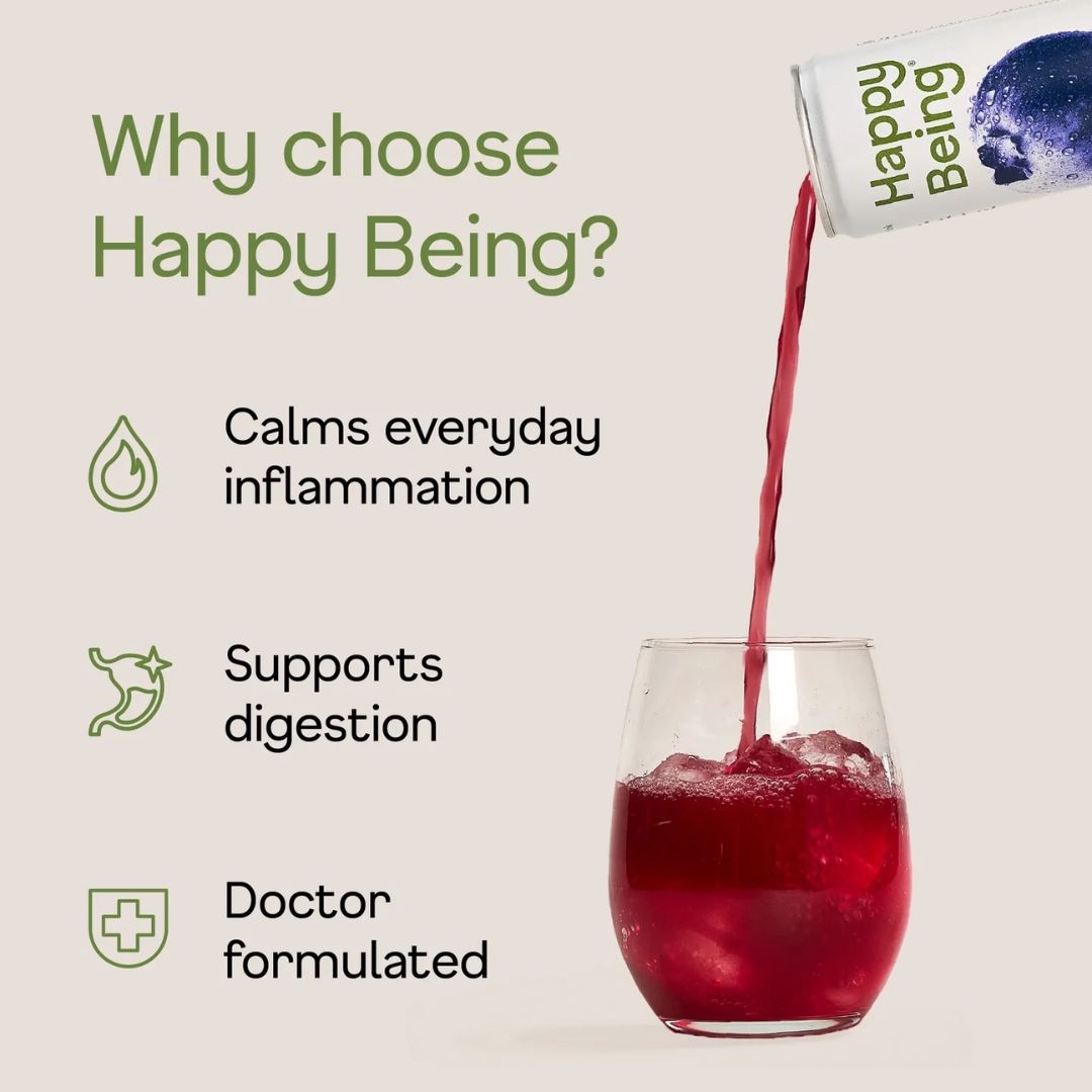 A can labeled 'Happy Being' pours a red liquid into a glass with ice. Text on the left reads: Why choose Happy Being? Calms everyday inflammation, Supports digestion, Doctor formulated, each with a green icon.