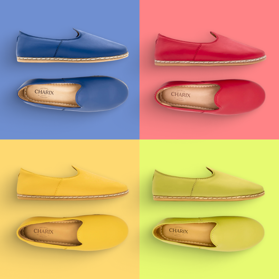 Four pairs of slip-on leather shoes with side stitching arranged in a 2x2 grid on colored backgrounds: blue shoes on blue, red shoes on red, yellow shoes on yellow, and light green shoes on light green. Each pair includes a side view and a top view showing the 'CHARIX' brand name inside the shoe.