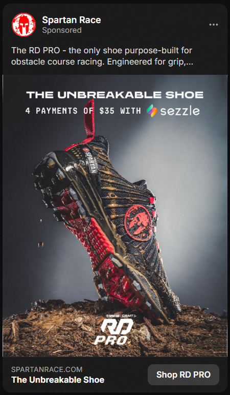 Spartan Race ad showing a black and red rugged shoe covered in mud, labeled RD PRO, described as 'The Unbreakable Shoe' for obstacle course racing with an offer of 4 payments of $35 through Sezzle.