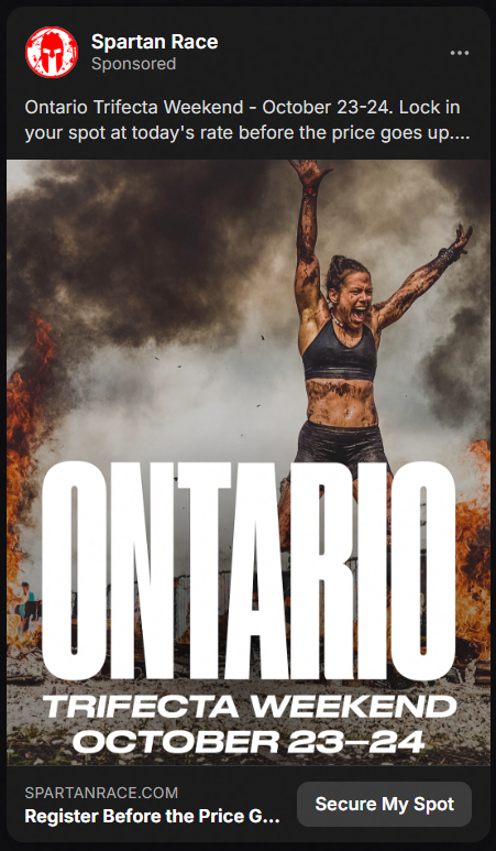 A muddy woman with arms raised triumphantly in front of smoke and fire, with large text reading 'ONTARIO TRIFECTA WEEKEND OCTOBER 23-24' promoting the Spartan Race event.