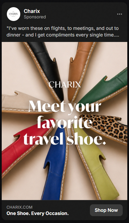 Charix travel shoes in eight colors and patterns, arranged in a circular fan on a beige background with text 'Meet your favorite travel shoe.'