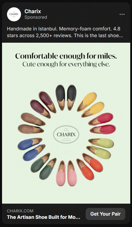 Ad for Charix shoes showing a circle of 16 pairs of slip-on shoes in various colors including black, yellow, red, green, pink, blue, and brown, around the Charix logo, with the text 'Comfortable enough for miles. Cute enough for everything else.'