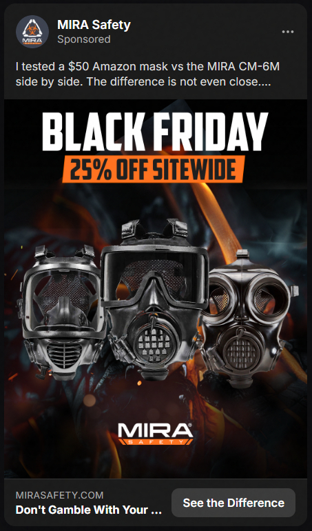 Black Friday 25% off sitewide promotion by MIRA Safety showing three black gas masks against a dark smoky background with orange flames, emphasizing mask quality comparison.