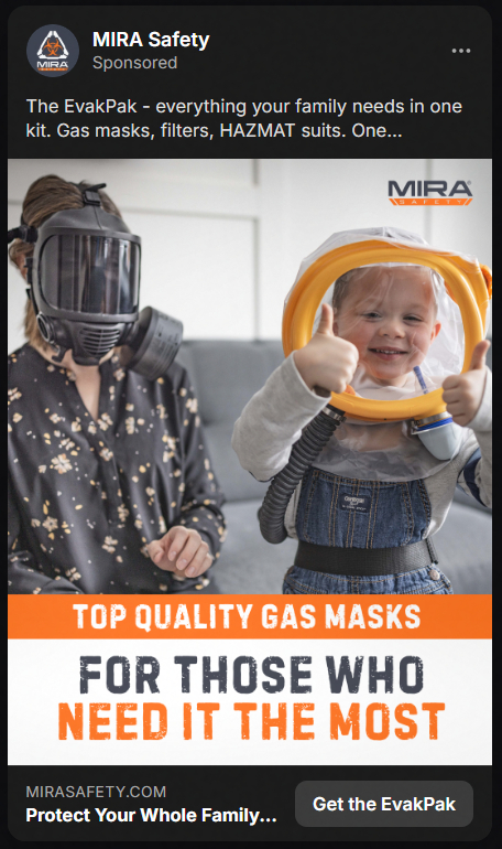 Photo shows two children indoors: one wearing a black gas mask and the other smiling and giving thumbs up while wearing a clear protective hood with an orange rim and a denim outfit. Text below reads: 'Top quality gas masks for those who need it the most.' The image promotes MIRA Safety's EvakPak for family protection.