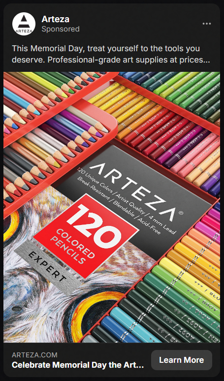 Advertisement for Arteza colored pencils showing an open box of 120 colored pencils arranged by color with a drawing of an owl partially visible under the pencils.