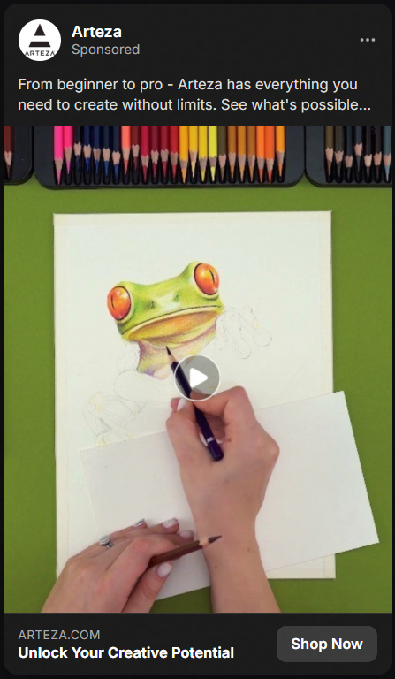 Hands drawing a realistic frog with colored pencils on white paper, with colored pencils displayed at the top on a green surface.