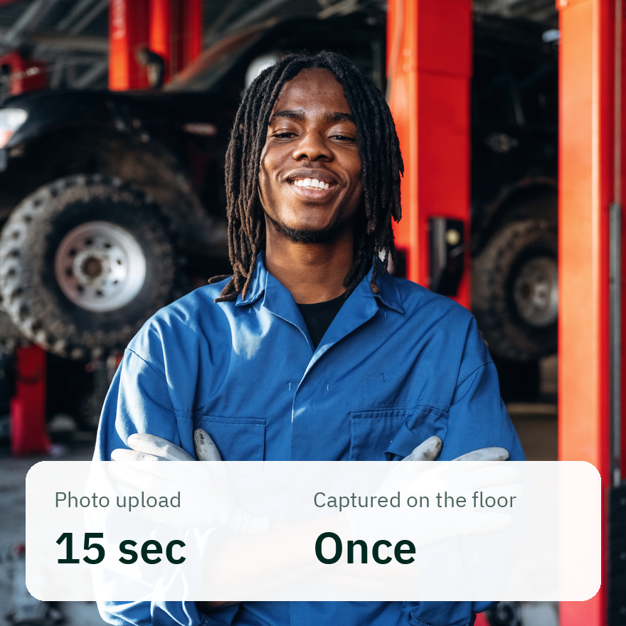 Dealership technician in the workshop: photo upload takes 15 seconds, captured once on the floor