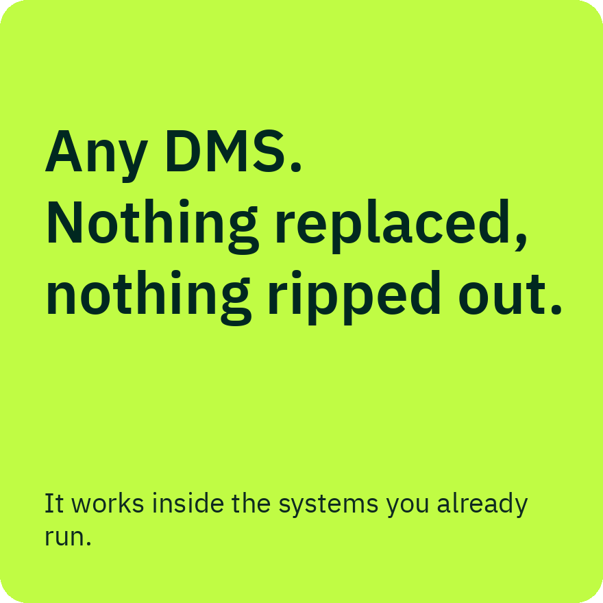 Any DMS. Nothing replaced, nothing ripped out. It works inside the systems you already run