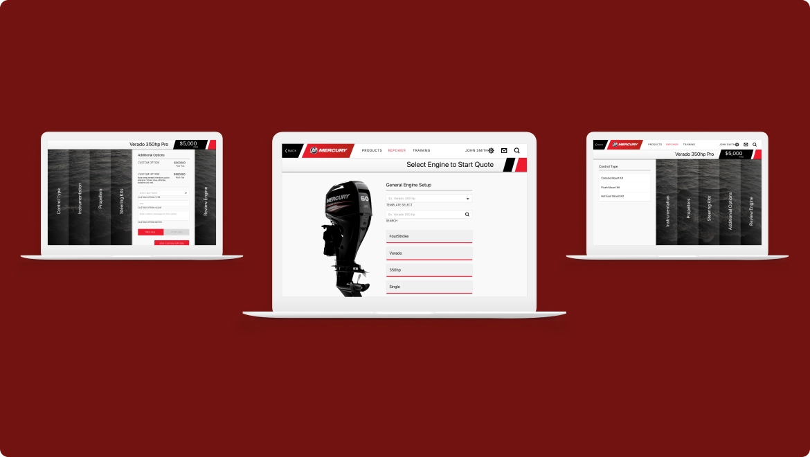 Three laptop screens display a custom software marine engine selection tool on a red background. The left screen shows user entry fields, the central screen features an engine illustration, and the right screen lists engine details and specifications, highlighting a seamless user experience.