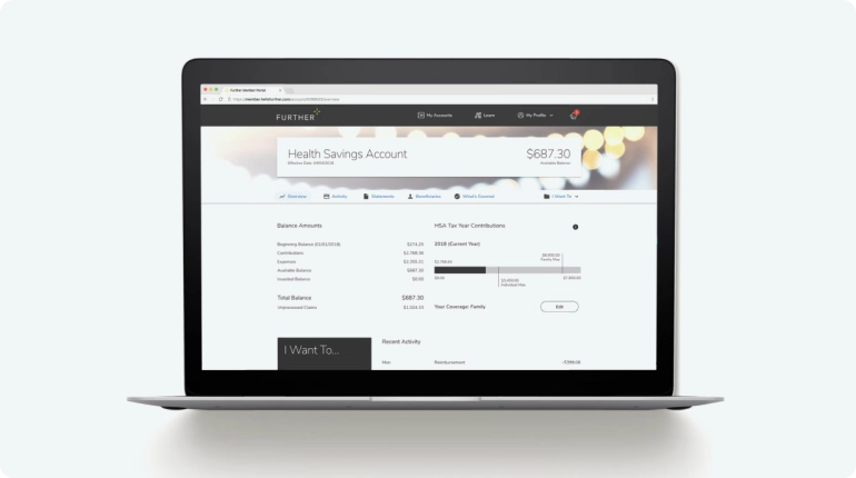 A laptop showcasing a Health Savings Account webpage with a balance of $687.30 highlights seamless customer experience design. The page details current elections, contributions, and recent activity, all set against a subtly blurred browser background for enhanced focus.