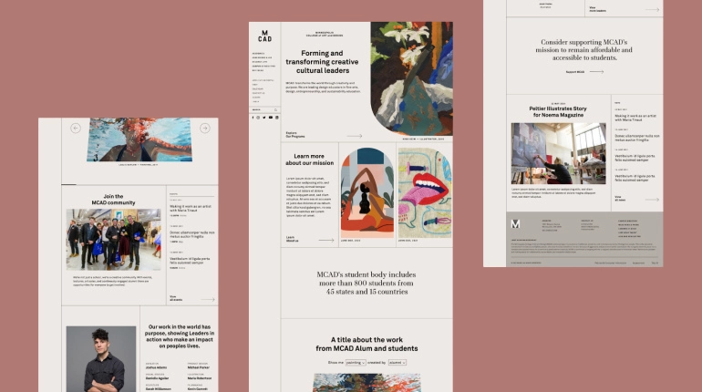 Three mobile web page designs act as a digital solution showcasing creative content. The pages display various images and text, such as artwork, a group photo, and articles about art and education. A diverse range of artistic styles and layouts are featured across the seamless customer experience.