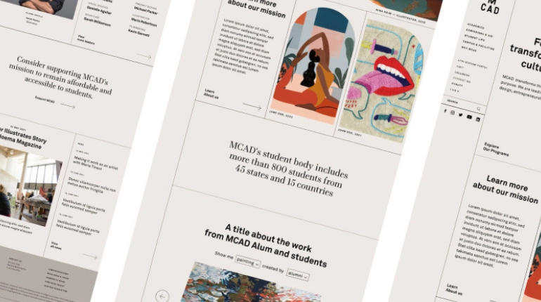 A split-screen image showcasing three webpages from the Minneapolis College of Art and Design. Each page features text and colorful illustrations, enhancing user experience while highlighting the schools mission, student body diversity, and stories about alumni and students.