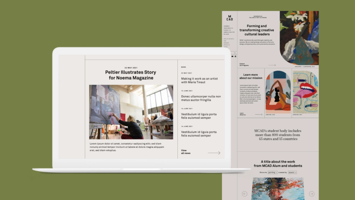 A laptop displaying a digital magazine layout against a green backdrop showcases an article titled Petitier Illustrates Story for Noema Magazine. Enhanced by custom software, the screen features additional images and text excerpts on the right, elevating user experience with its elegant design.