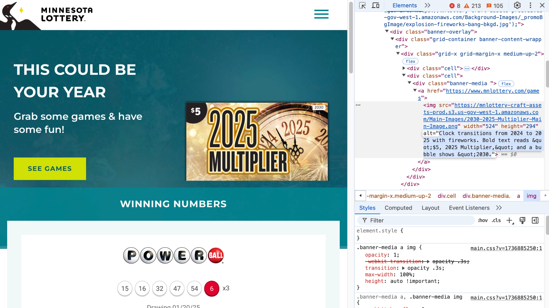 Screenshot of a Minnesota Lottery webpage showing current lottery games, winning numbers, and prize amounts. A developer console on the right displays HTML and CSS code details with the alt text attribute highlighted.