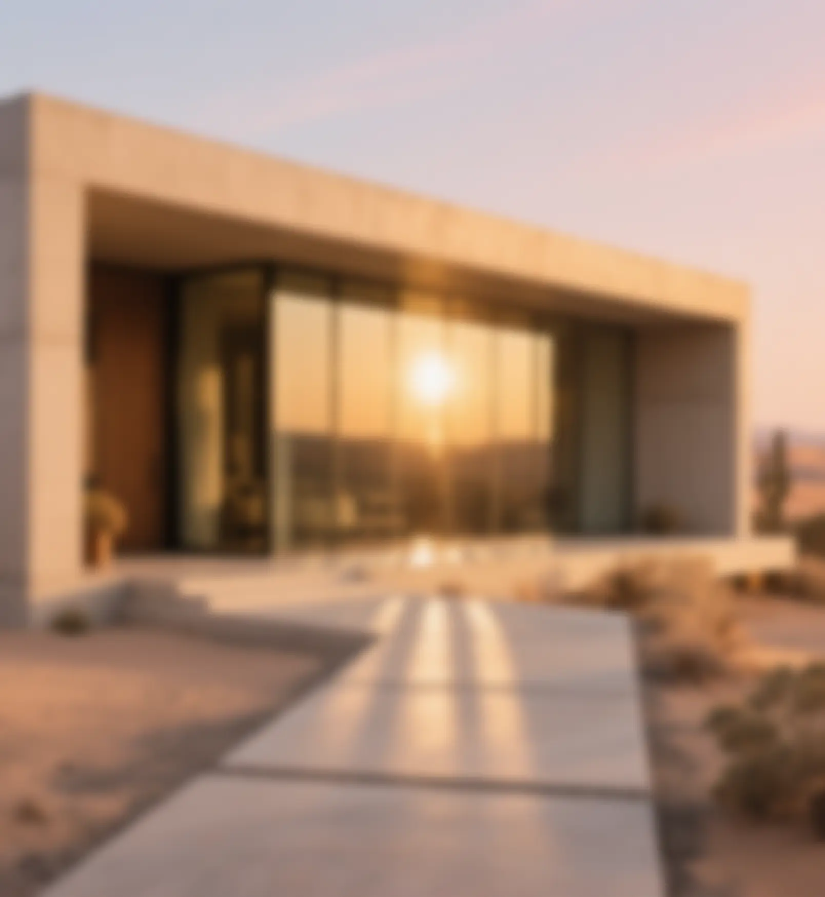 Modern luxury stone and glass residence at sunset