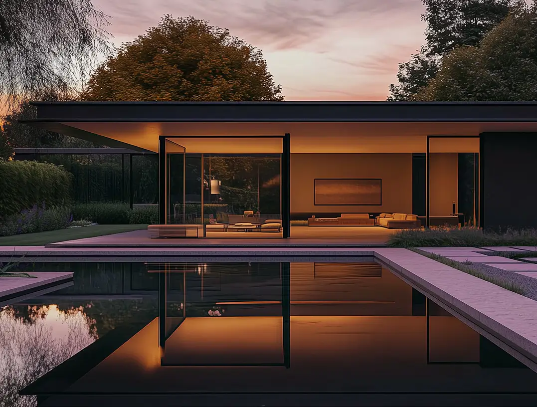 Illuminated luxury modern residence with pool and landscaped courtyard