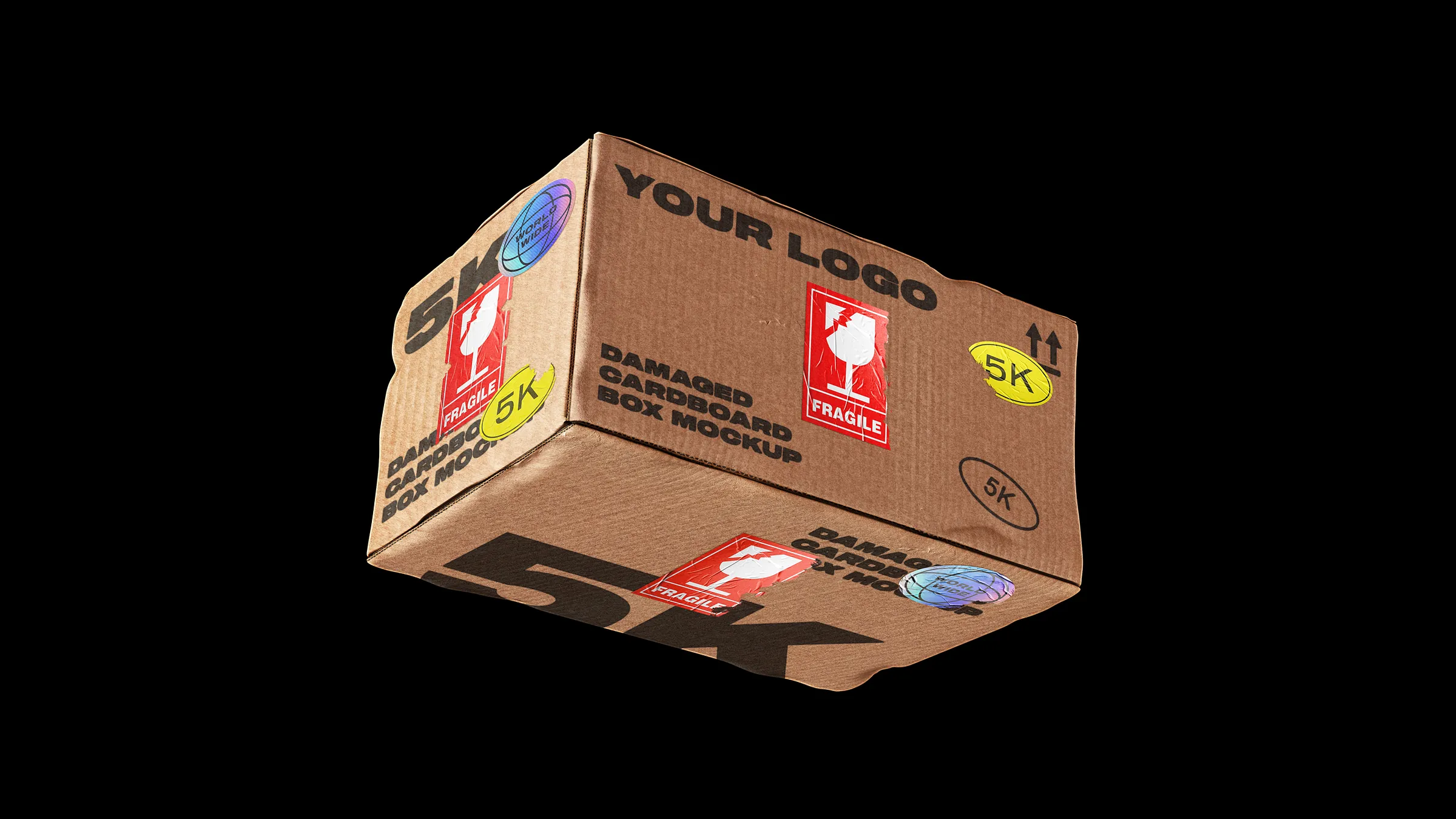 A cardboard box with stickers on it flying through the air.