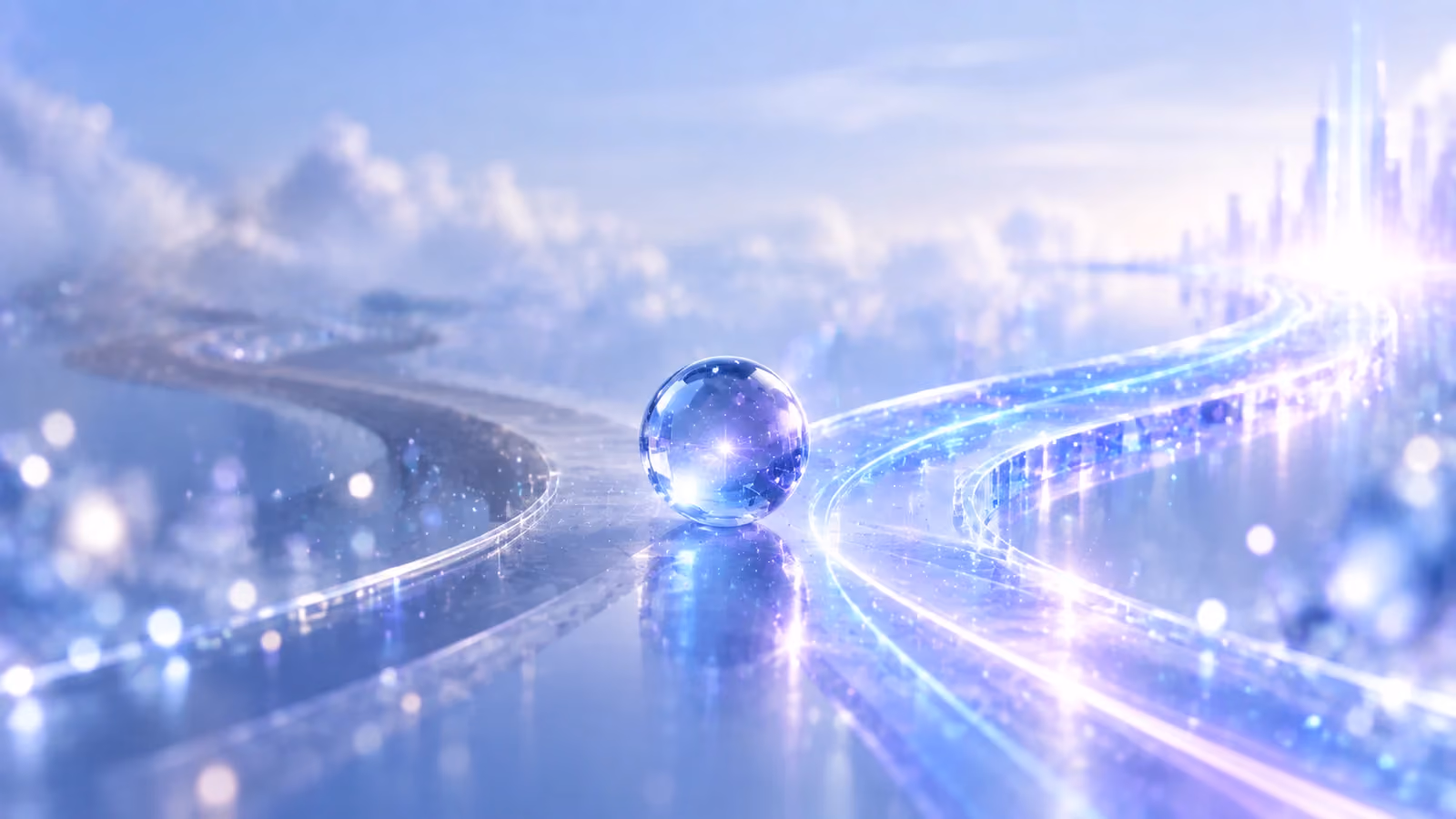 A glass sphere at a fork where one path is lit and the other fades