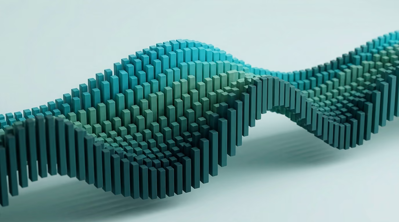3D wave formed by vertical rectangular columns arranged to create a smooth, flowing pattern in shades of teal and green on a light background.