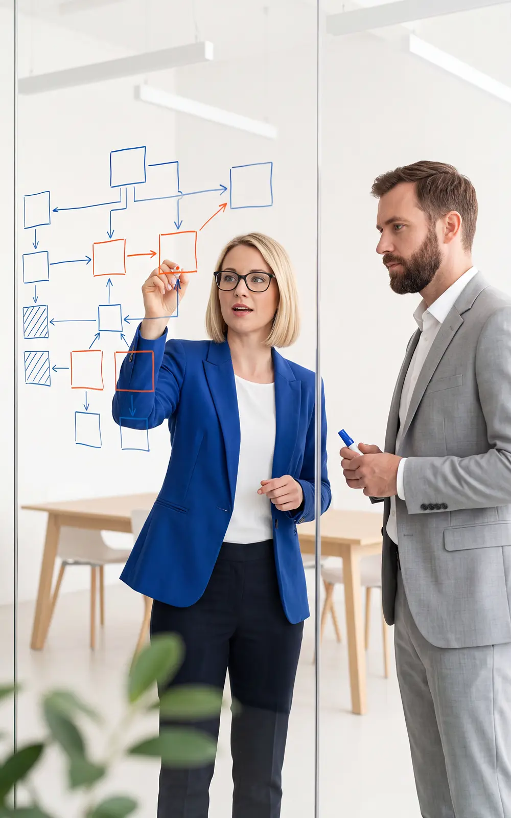 A woman in a blue blazer and glasses is drawing a flowchart with red and blue markers on a glass wall while a man in a gray suit observes, holding a blue marker, in a bright office with wooden tables and chairs.
