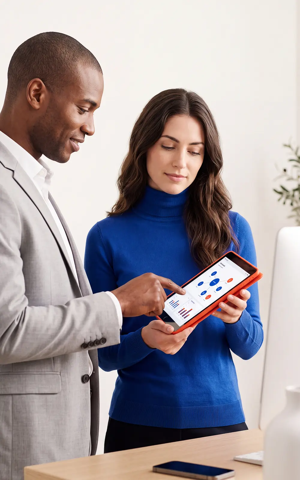 A man in a light gray suit and white shirt points at a tablet screen held by a woman wearing a blue turtleneck sweater; the tablet displays charts and graphs in blue and red tones, while a smartphone lies on the wooden desk nearby.