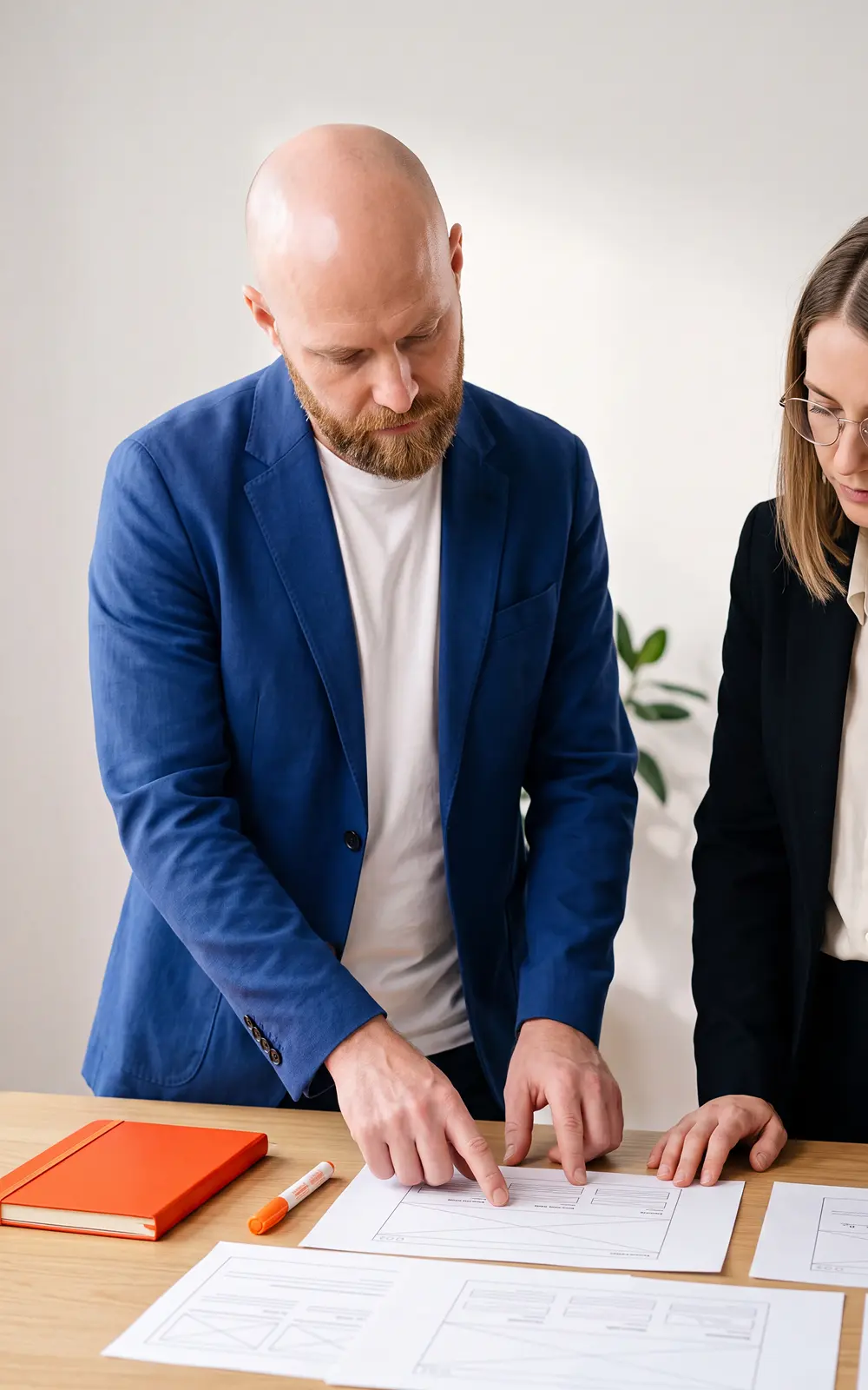 Two people standing at a table reviewing printed design layouts or wireframes, with a man in a blue blazer pointing at one of the papers and a woman wearing glasses beside him.