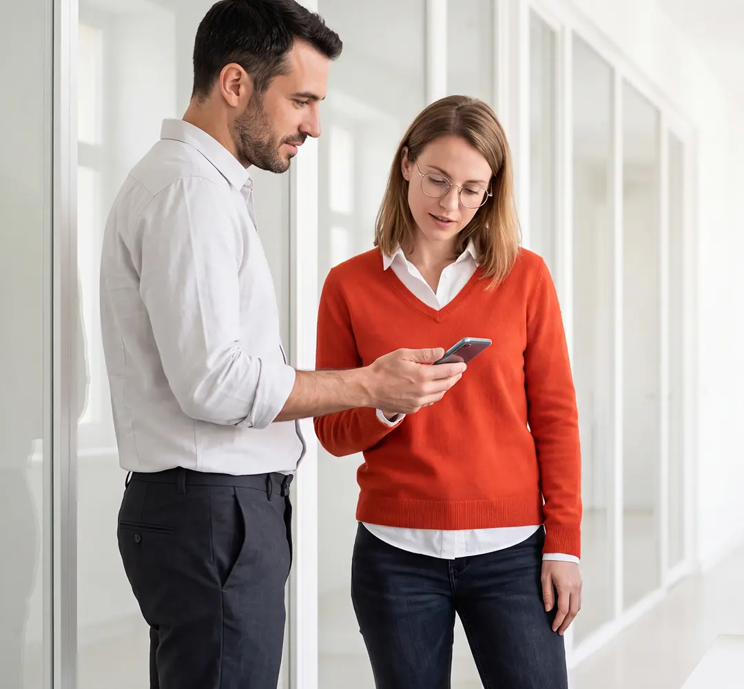 A man in a white shirt and dark pants showing a smartphone screen to a woman wearing glasses, an orange sweater, and dark jeans in a bright, modern office corridor with glass walls.
