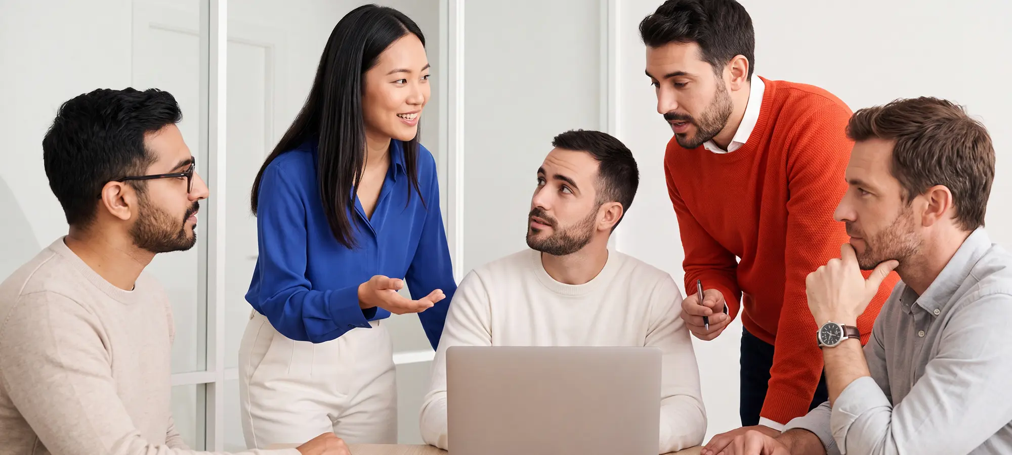 Five diverse professionals engaged in a discussion around a laptop in a bright office, with a woman in a blue shirt speaking and four men attentively listening.