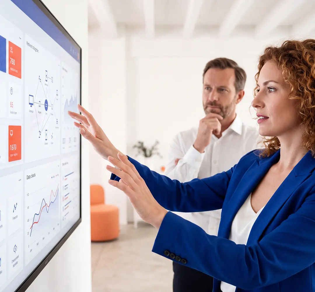 Two business professionals, a woman in a dark blazer and a man in a light shirt, focus on a large digital screen displaying data charts and diagrams in an office setting.