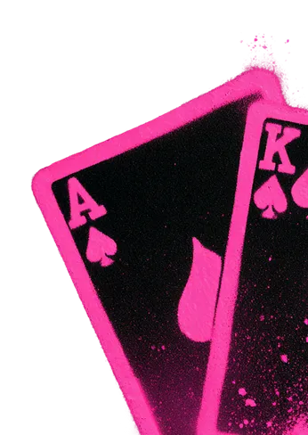 Partial view of two playing cards with neon pink edges and splatters, showing the Ace of Spades and King of Spades.