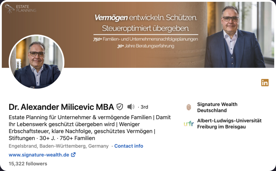 LinkedIn-Profil von Dr. Alexander Milicevic – Signature Wealth