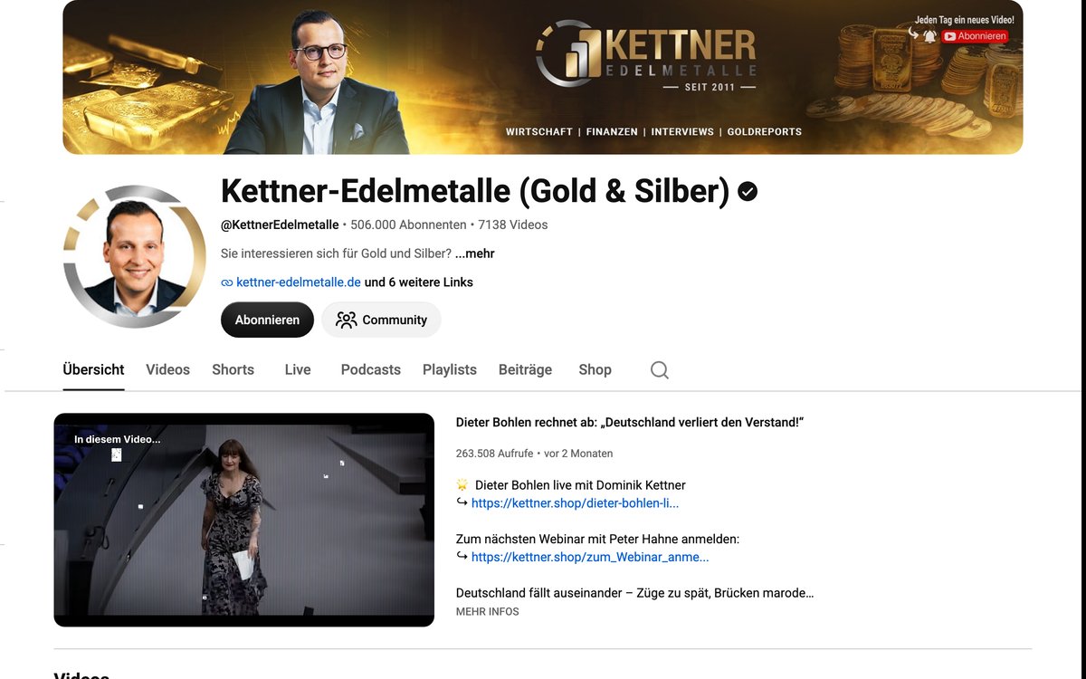 YouTube-Kanal von Kettner Edelmetalle mit über 500.000 Abonnenten