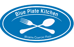 Blue oval logo with crossed fork and spoon in the center, 'Blue Plate Kitchen' text above and 'Modern Comfort Food' below.
