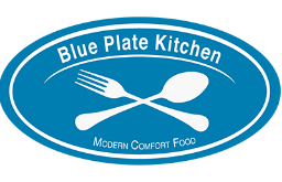 Blue oval logo with crossed fork and spoon in the center, 'Blue Plate Kitchen' text above and 'Modern Comfort Food' below.