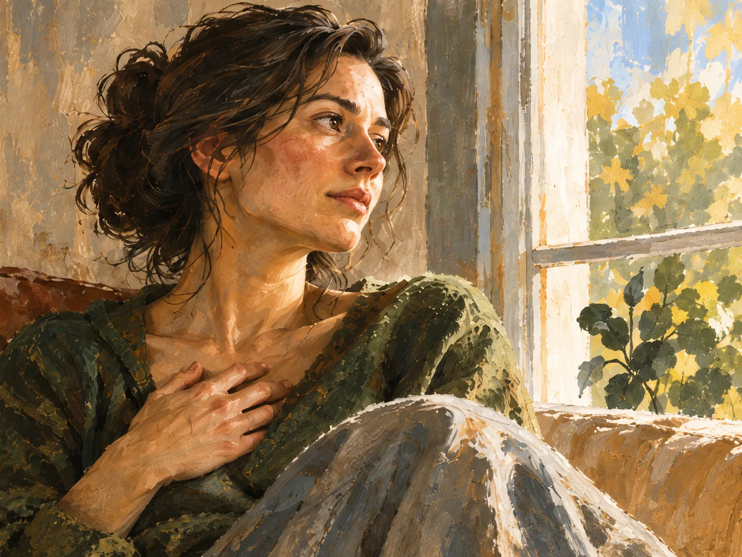 Illustration of a thoughtful woman seated beside a sunlit window, with a hand resting on her chest.