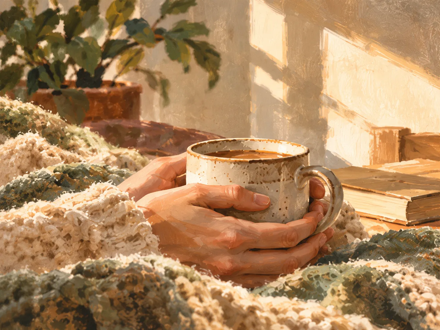 Illustration of hands holding a ceramic mug beside a soft blanket in warm morning light.