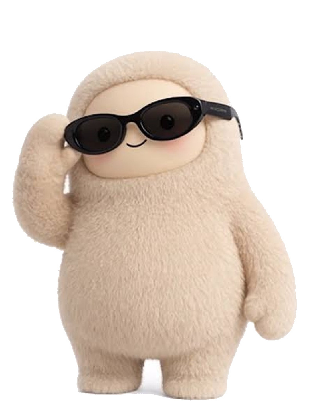 Plush beige creature with a rounded body and short limbs wearing black sunglasses, holding one side of the sunglasses with its left hand and smiling slightly.