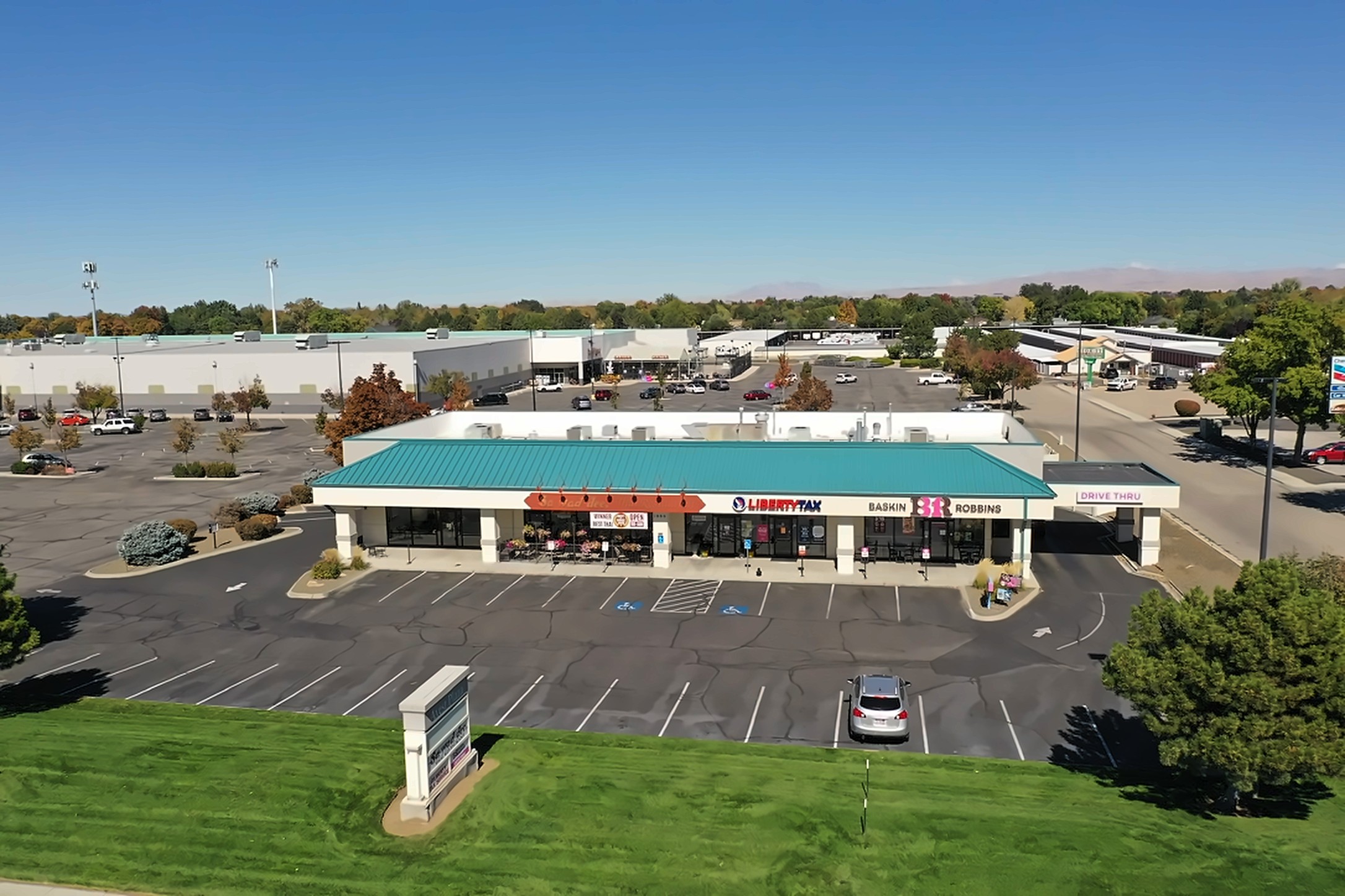 Aerial view of a Boise retail shopping center from Blake Haggett's property management years