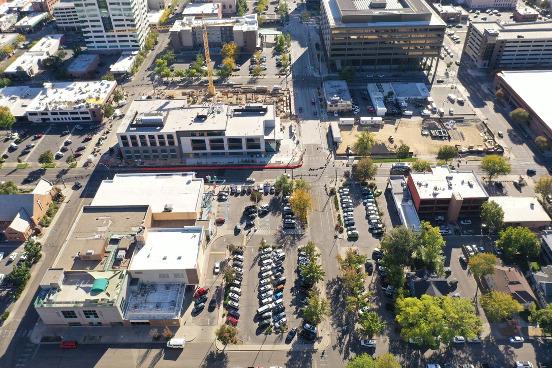Top-down aerial of the new YMCA and the old YMCA block across State Street