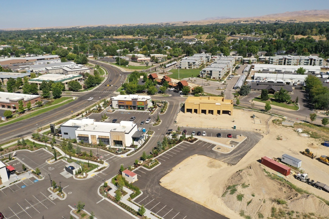 Overhead aerial of a new retail center under construction in Eagle, Idaho