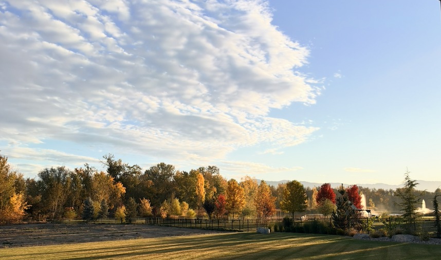 Fall trees and a fountain pond along the Boise River in Eagle, Idaho, with the foothills in the distance