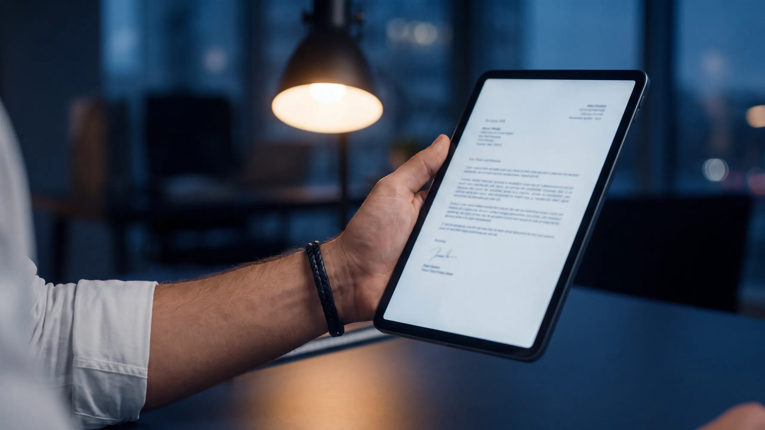 Une main tient une tablette sur laquelle s’affiche un acte, dans un bureau à la tombée du jour