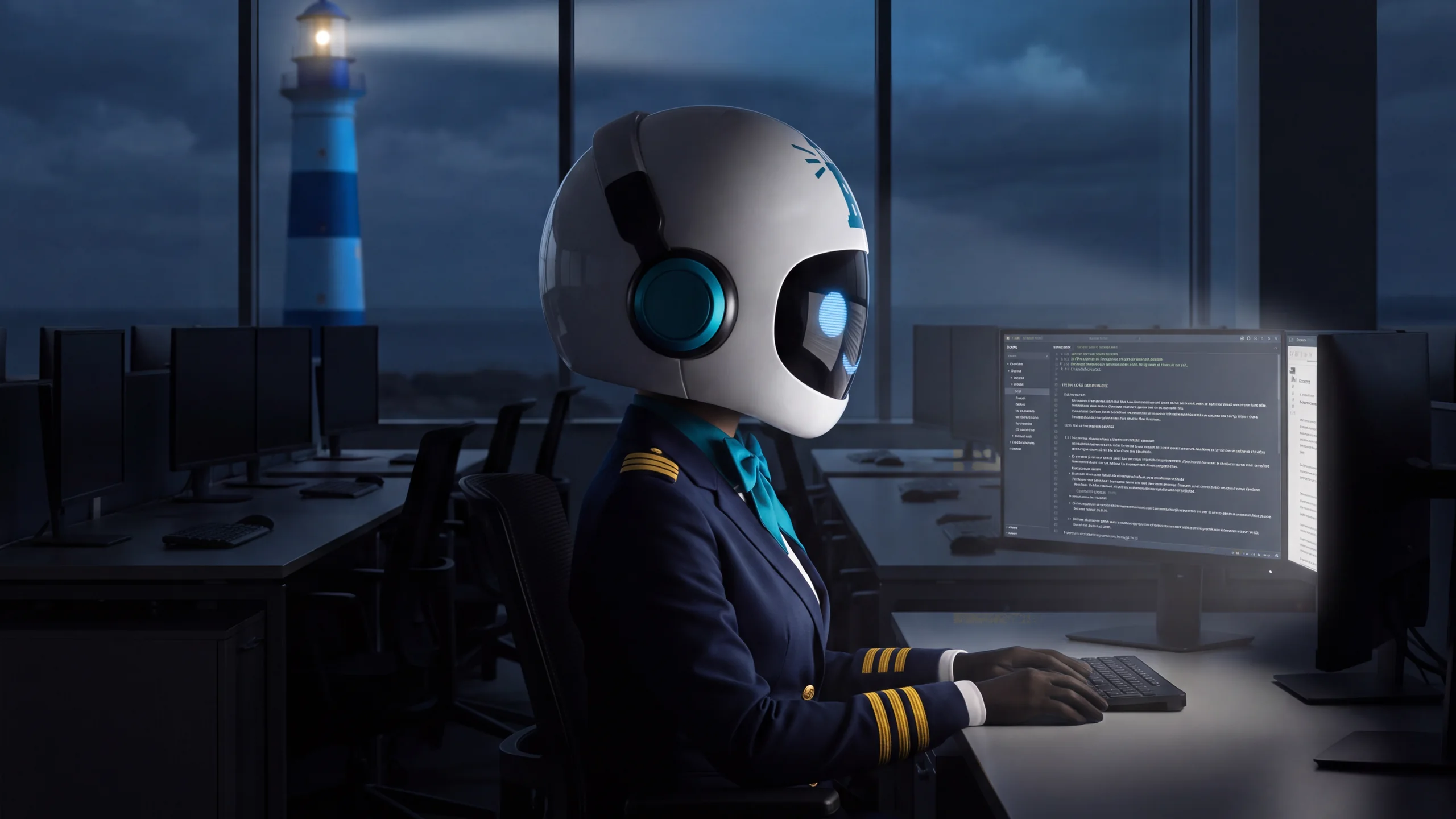 Le VigiPilote Veille conventionnelle, seul dans un bureau la nuit, devant ses écrans, un phare au loin par la fenêtre