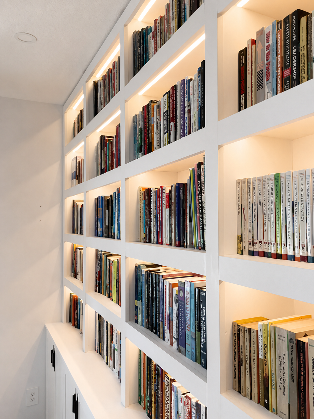 Built-in bookshelves with integrated lighting and cabinetry