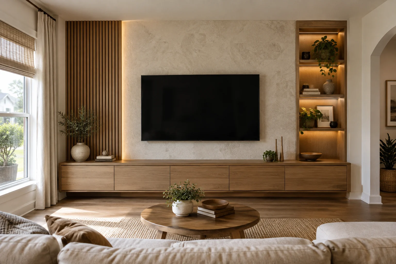 Conceptual media wall with oak slats, a light textured center panel and low storage cabinets
