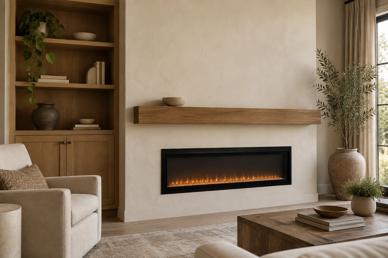 AI-generated fireplace wall concept with a light textured surround, oak mantel and side shelving