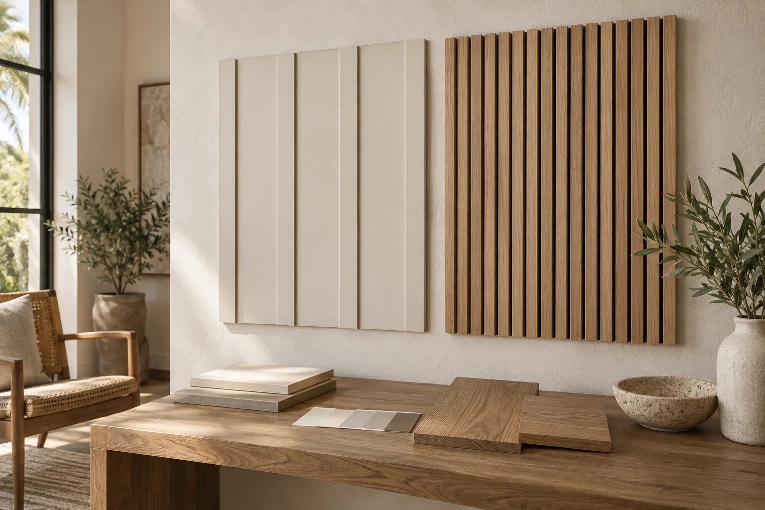 Interior design concept contrasting painted board-and-batten detailing with natural oak slat texture