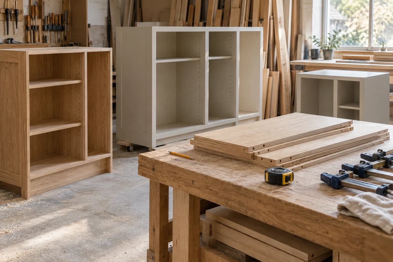 Conceptual workshop scene with unfinished fitted cabinet components and an oak workbench