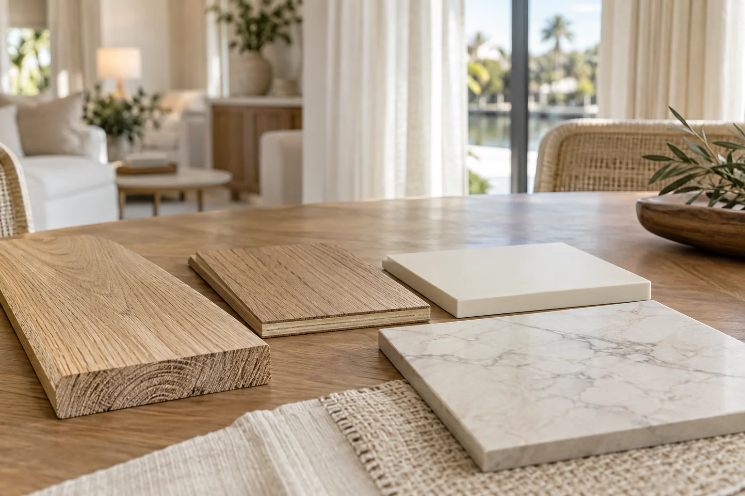 Conceptual material selection scene with oak, painted panel and porcelain samples in a bright neutral interior