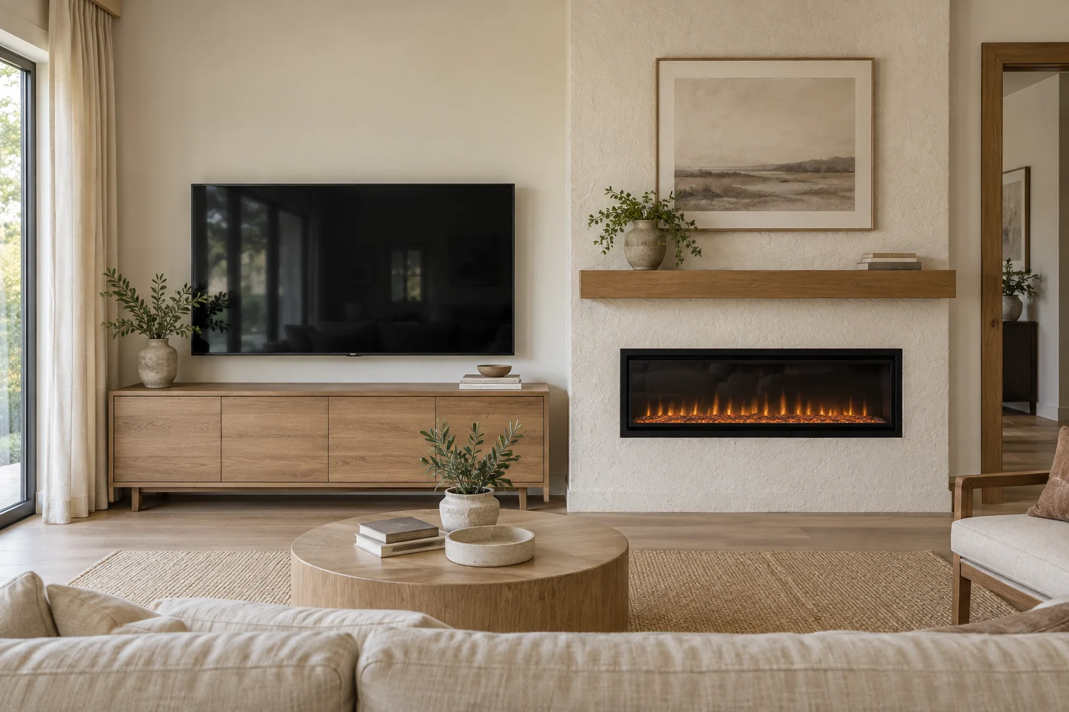 Conceptual living room showing television and fireplace as separately planned focal points